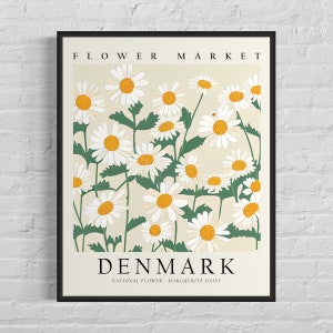 Denmark National Flower, Denmark Flower Market Art Print, Marguerite Daisy 1960's Wall Art , Neutral Botanical Pastel Artwork