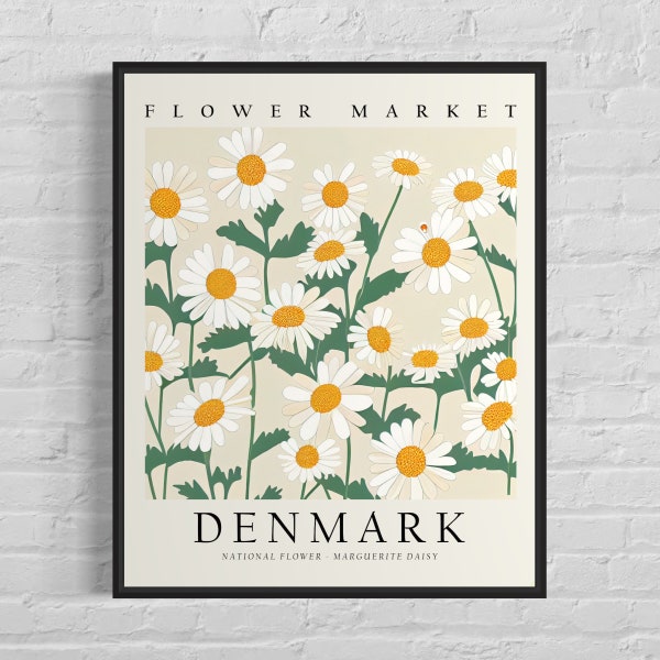 Denmark National Flower, Blumenmarkt Kunstdruck, Marguerite Daisy 1960er Jahre, Neutrales botanisches Pastell Kunstwerk