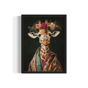 Giraffe Poster Art Print, Animal Flowers in Kimono Wall Art Decor Painting Artwork