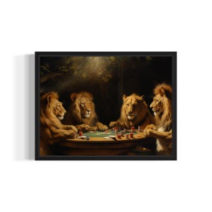 Cartaz de cartas de jogar de leões, arte impressa, decoração de parede de humor de caverna de homem de pôquer animal, amante de animais, pintura de arte de animais de estimação