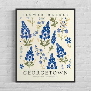 Georgetown Texas Blumenmarkt Kunstdruck, Georgetown Blumenwandkunst, Bluebonnet Botanische Pastellkunstwerk