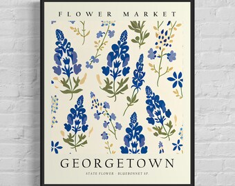 Georgetown Texas Flower Market Art Print, Georgetown Flower Wall Art, Bluebonnet Botanical Pastel Artwork