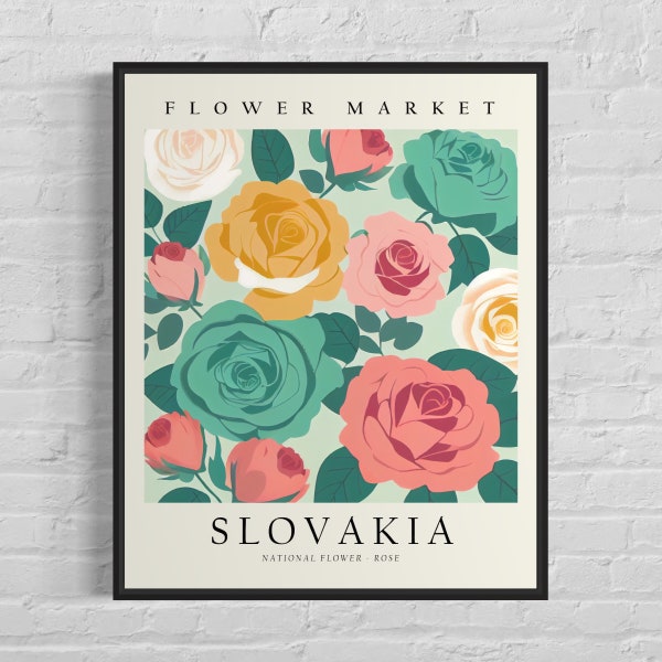 Slovakia Flower Market Art Print, Slovakia Flower, Rose Wall Art, Botanical Pastel Artwork