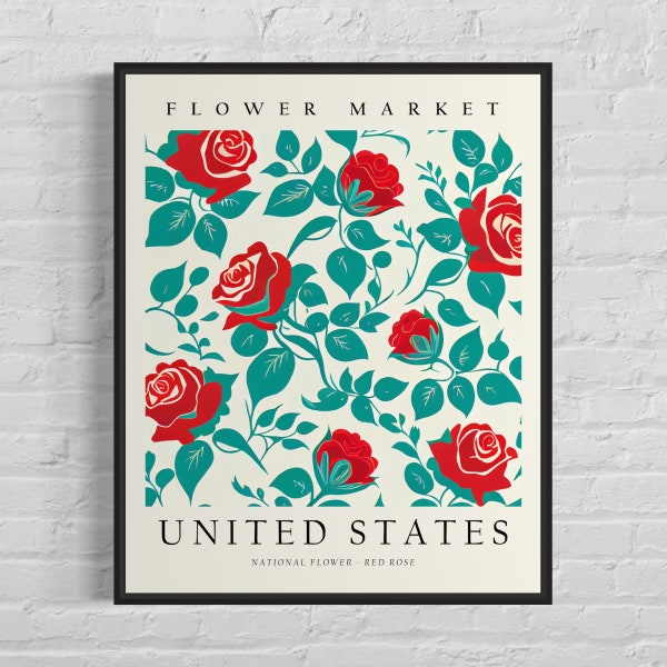 United States Flower Market Art Print, Rose Flower Wall Art Poster