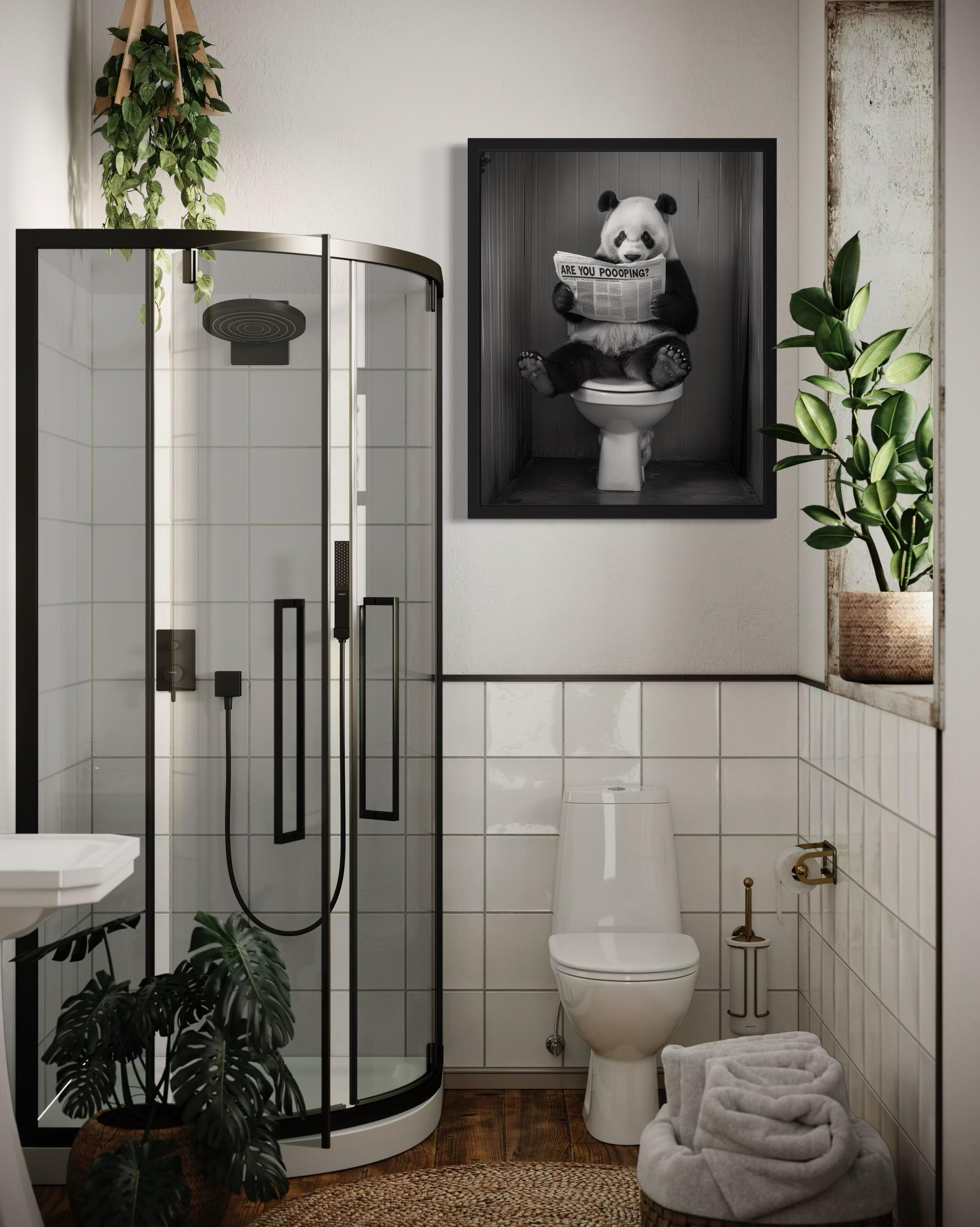 Panda on Toilet in Restroom Poster Art Print, Animal Wall Art Decor ...
