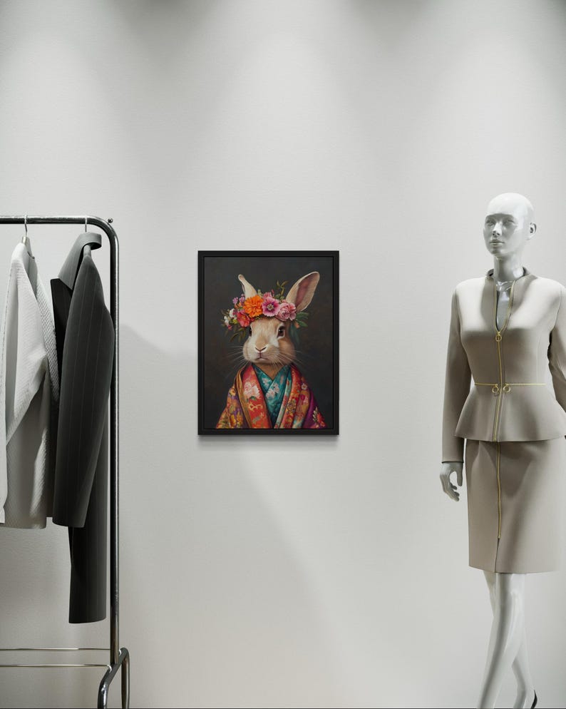 Rabbit Poster Art Print, Animal Flowers in Kimono Wall Art Decor