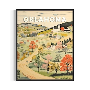 Oklahoma  and Motto Landscape Scenery Poster Art Print, American Folk Art Wall Art Decor, Naive Painting Gifts