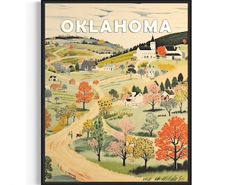 Oklahoma  and Motto Landscape Scenery Poster Art Print, American Folk Art Wall Art Decor, Naive Painting Gifts