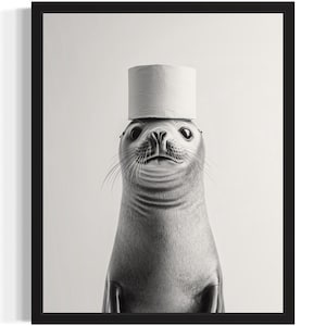 Seal in Restroom Poster Art Print, Animal Wall Art Decor Painting Bathroom