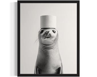 Seal in Restroom Poster Art Print, Animal Wall Art Decor Painting Bathroom