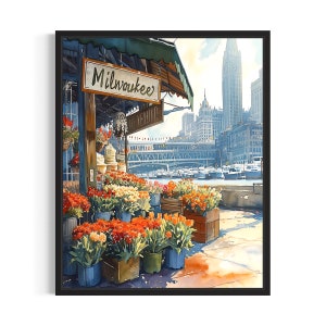 Milwaukee Flower Market Poster Art Print, Neutral Botanical Pastel Artwork Wall Art Painting Bedroom, Restroom Decor