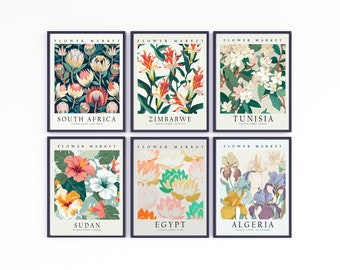 Africa National Flower Market Poster Set Art Print, (Set of 6) South Africa, Zimbabwe, Tunisia, Sudan, Egypt, Algeria Flower Market 6PanelG