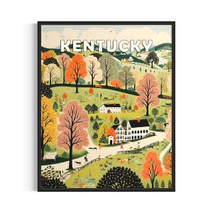 Kentucky e Motto Landscape Scenery Poster Art Print, Decorazione murale di arte popolare americana, Regali di pittura naif