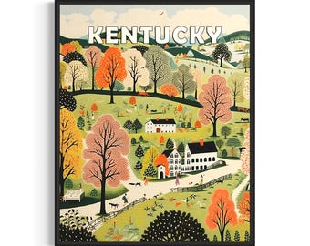 Kentucky and Motto Landscape Scenery Poster Art Print, American Folk Art Wall Art Decor, Naive Painting Gifts