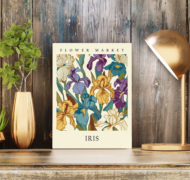 May include: A vintage-style poster featuring a floral illustration of irises in shades of purple, yellow, and blue. The poster has the text "FLOWER MARKET" at the top and "IRIS" at the bottom.