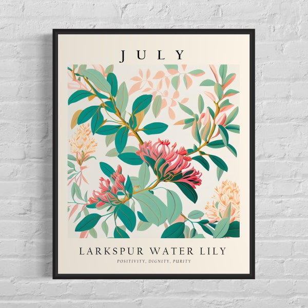 July Flower Month Art Print, Month Flower Market Poster, Larkspur Water Lily 1960's Wall Art , Neutral Pastel Artwork