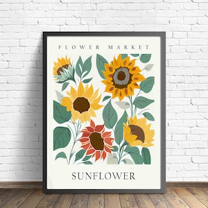 Sunflower Flower Market Art Print, Sunflower Wall Art, Botanical Pastel Artwork