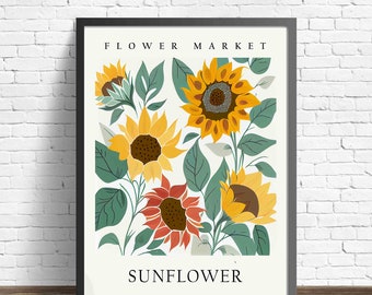 Sunflower Flower Market Art Print, Sunflower Wall Art, Botanical Pastel Artwork