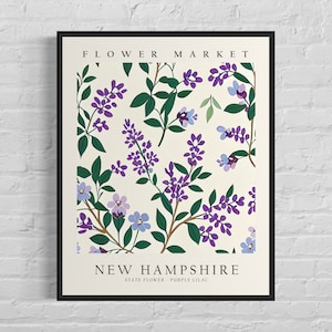 New Hampshire State Flower, New Hampshire Flower Market Art Print, Purple Lilac 1960&#39;s Wall Art, Neutral Botanical Pastel Artwork