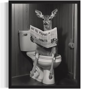 Deer on Toilet in Restroom Poster Art Print, Animal Wall Art Decor Painting Bathroom
