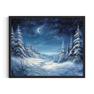 Winter Snowfall Night Moon Poster Art Print, Winter Scenery Artwork Wall Art Painting
