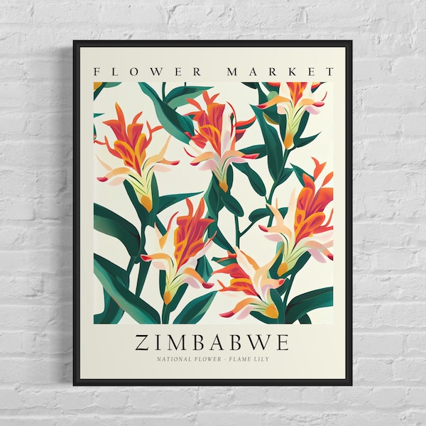 Zimbabwe National Flower, Zimbabwe Market Art Print, Flame Lily 1960's Wall Art , Neutral Botanical Pastel Artwork