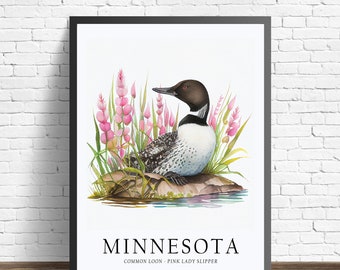 Minnesota State Bird Art Print, Minnesota State Flower, Minnesota Wall Art, Home Decor