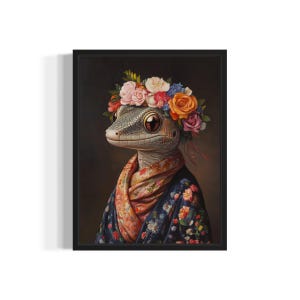 Plakat Gecko Art Print, Kwiaty zwierząt w kimonie Dekoracja ścienna Malarstwo