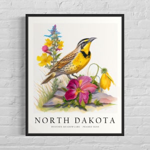Norddakota Vogel Kunstdruck, Norddakota Blume, Wandkunst, Hausdekor