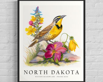 North Dakota State Bird Art Print, North Dakota State Flower, North Dakota Wall Art, Home Decor