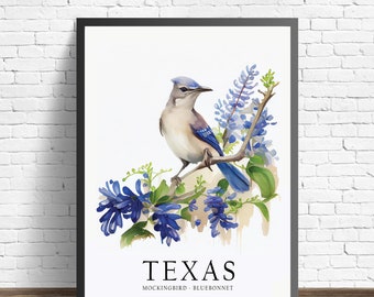 Texas State Bird Art Print, Texas State Flower, Texas Wall Art, Home Decor