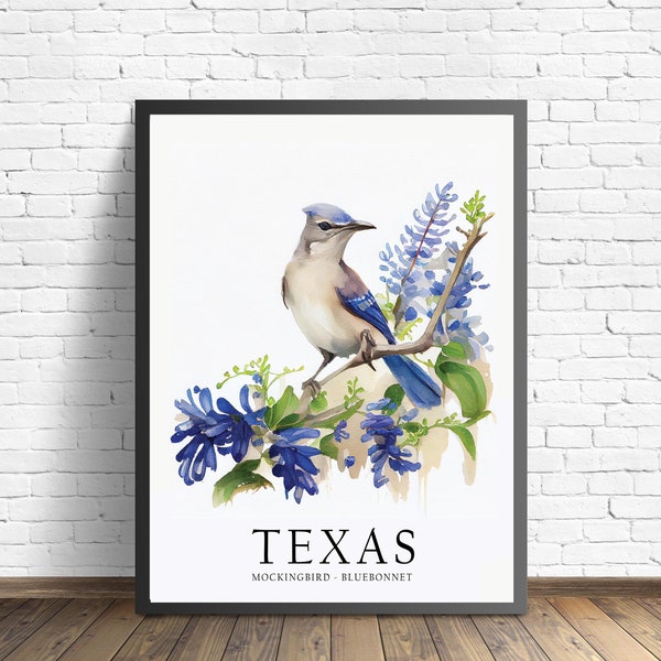 Texas State Bird Art Print, Texas State Flower, Texas Wall Art, Home Decor