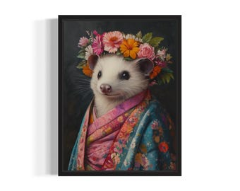 Opossum Poster Art Print, Animal Flowers in Kimono Wall Art Decor Painting Artwork
