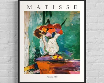 May include: A painting by Henri Matisse titled "Flowers, 1907". The painting depicts a white vase filled with colourful flowers, sitting on a table with a green background.