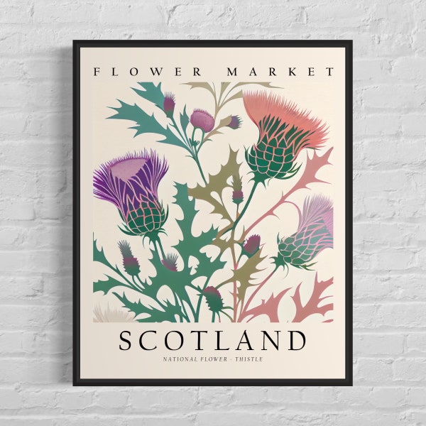 Impresión artística de la flor nacional de Escocia, mercado de flores de Escocia, arte mural de Thristle de los años 60, obra de arte botánica en tonos pastel neutros