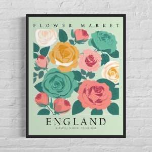 England National Flower, England Flower Market Art Print, Tudor Rose 1960's Wall Art , Neutral Botanical Pastel Artwork