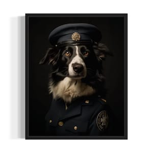 Könnte beinhalten: Ein schwarz-weißer Border Collie, der eine blaue Militäruniform mit goldenem Abzeichen trägt. Der Hund trägt eine blaue Mütze mit goldenem Emblem.
