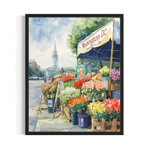 Washington DC Flower Market Poster Art Print, Neutral Botanical Pastel Artwork Wall Art Painting Bedroom, Restroom Decor