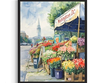 以下が含まれることがあります： ワシントンD.C.の花屋さんの水彩画。屋台は色とりどりの花でいっぱいになっており、通りの角にあります。背景にはワシントン記念塔が見えます。