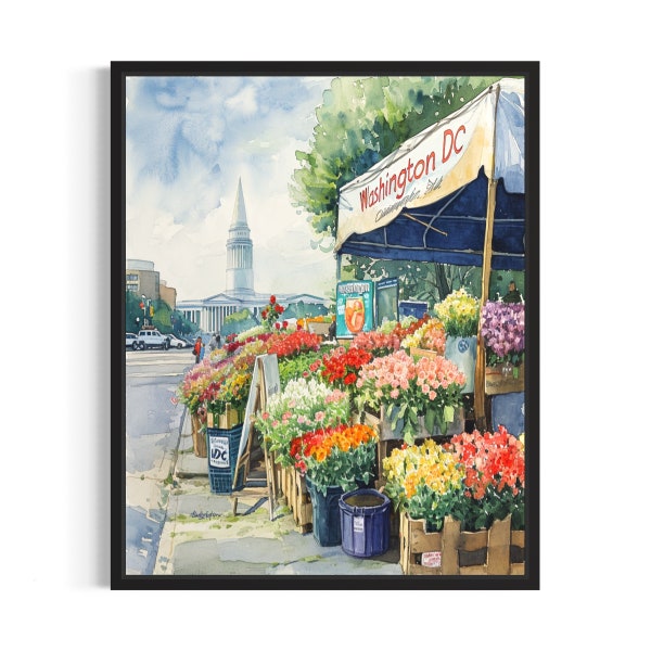 Washington DC Flower Market Poster Art Print, Neutral Botanical Pastel Artwork Wall Art Painting Bedroom, Restroom Decor