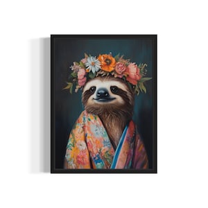 Plakat z nadrukiem artystycznym Sloth, kwiaty zwierząt w kimonie, dekoracja ścienna, obraz, dekoracja sypialni