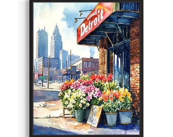Detroit Flower Market Poster Art Print, Neutral Botanical Pastel Artwork Wall Art Painting Bedroom, Restroom Decor