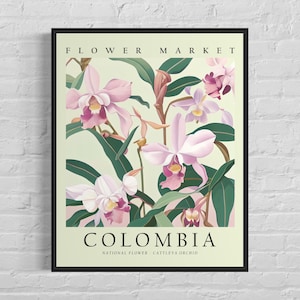 Colombia National Flower, Colombia Flower Market Art Print, Cattleya Orchid 1960&#39;s Wall Art , Neutral Botanical Pastel Artwork