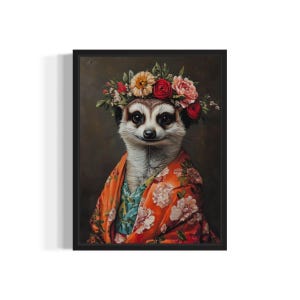 Meerkat Poster Art Print, Animal Flowers in Kimono Wall Art Decor Painting Artwork