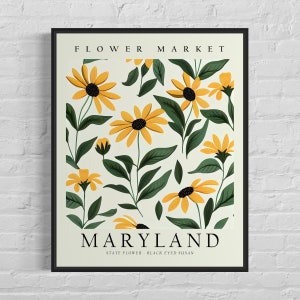 Maryland State Flower, Maryland Blumenmarkt Kunstdruck, Black Eyed Susan 1960, Neutrales botanisches Pastell Kunstwerk
