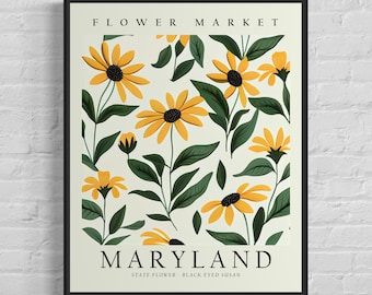 Maryland State Flower, Maryland Flower Market Art Print, Black Eyed Susan 1960's Wall Art , Neutral Botanical Pastel Artwork