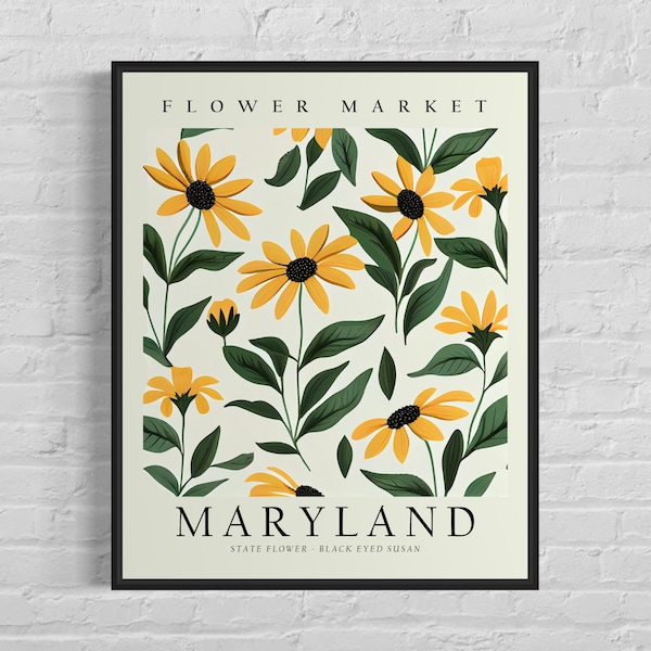 Maryland State Flower, Maryland Flower Market Art Print, Black Eyed Susan 1960's Wall Art , Neutral Botanical Pastel Artwork