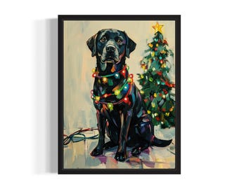 May include: A black Labrador Retriever dog wearing a colorful string of Christmas lights around its neck, sitting in front of a decorated Christmas tree.