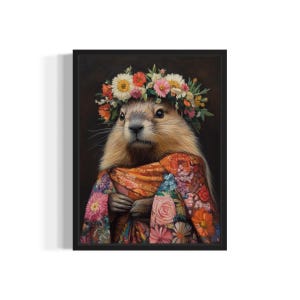 Marmot Poster Art Print, Animal Flowers in Kimono Wall Art Decor Painting Artwork