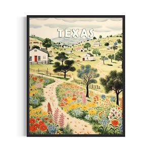 Stampa artistica con poster di paesaggio del Texas e del motto, decorazione da parete con arte popolare americana, regali di pittura naif